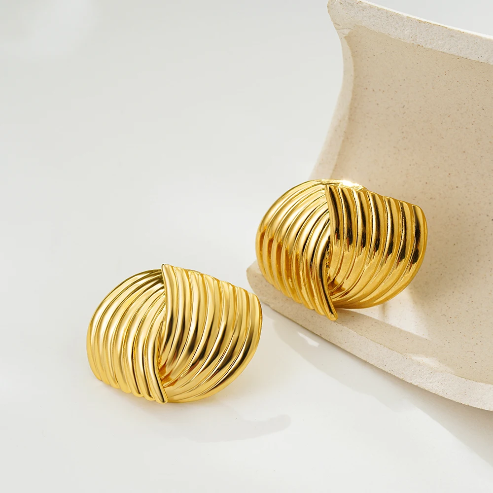 Vintage Stainless Steel Double Layer Striped Texture Stud Earrings for Women Statement Gold Plated Round Earrings Luxury Jewelry