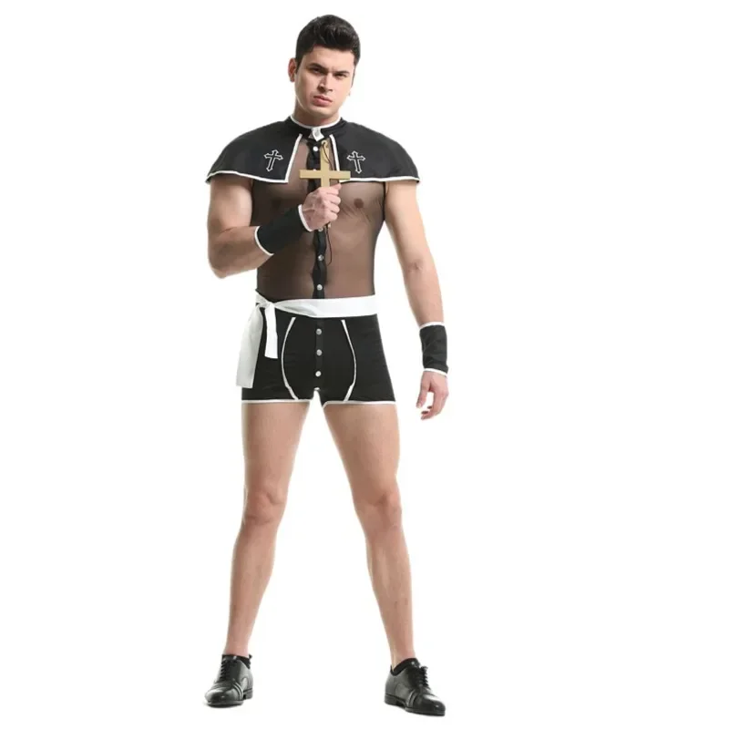 

Halloween Role Play Pastor Outfit Carnival Easter Mens Sexy Mesh Priest Cosplay Uniform Set Gay Bar Dance Perform Set