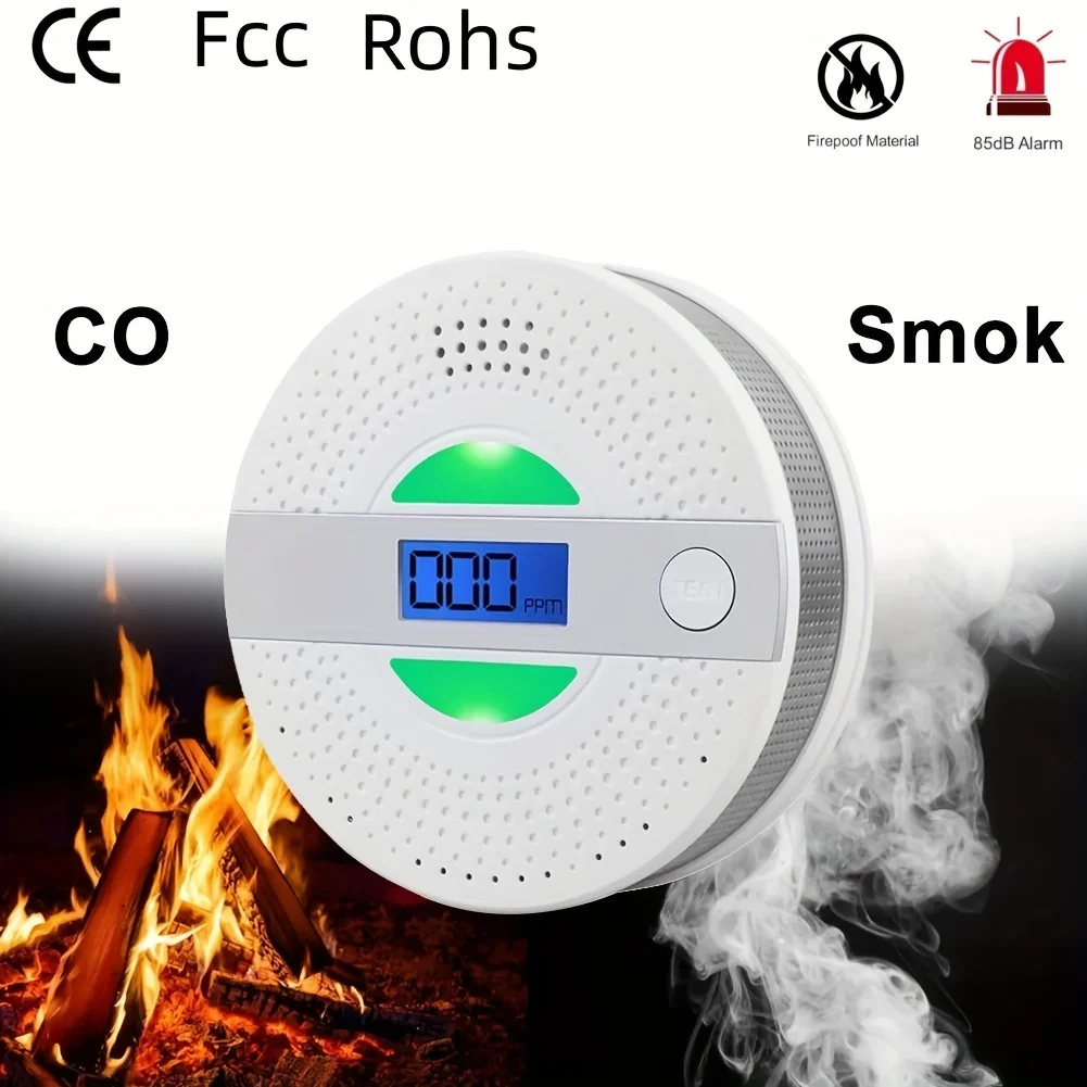 2 In 1 Smoke and Carbon Monoxide Detector, Combination Smoke & CO Alarm With LCD Display LED Lights and Sound Alert, Fire Protect
