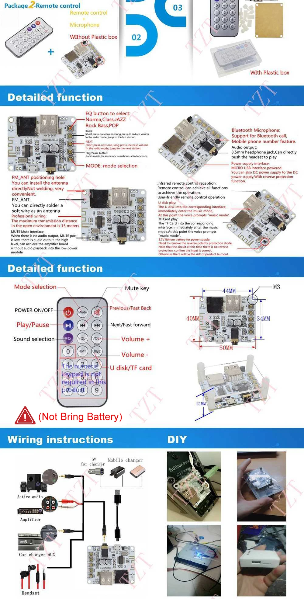 TZT Bluetooth-5.0 MP3-Audioboard mit USB-TF-Kartensteckplatz, Dekodierungs- und Wiedergabefunktion, Vorverstärker-Ausgang A7-004 5V 2.1 Stereo-Musikplayer-Modul – Detail 2