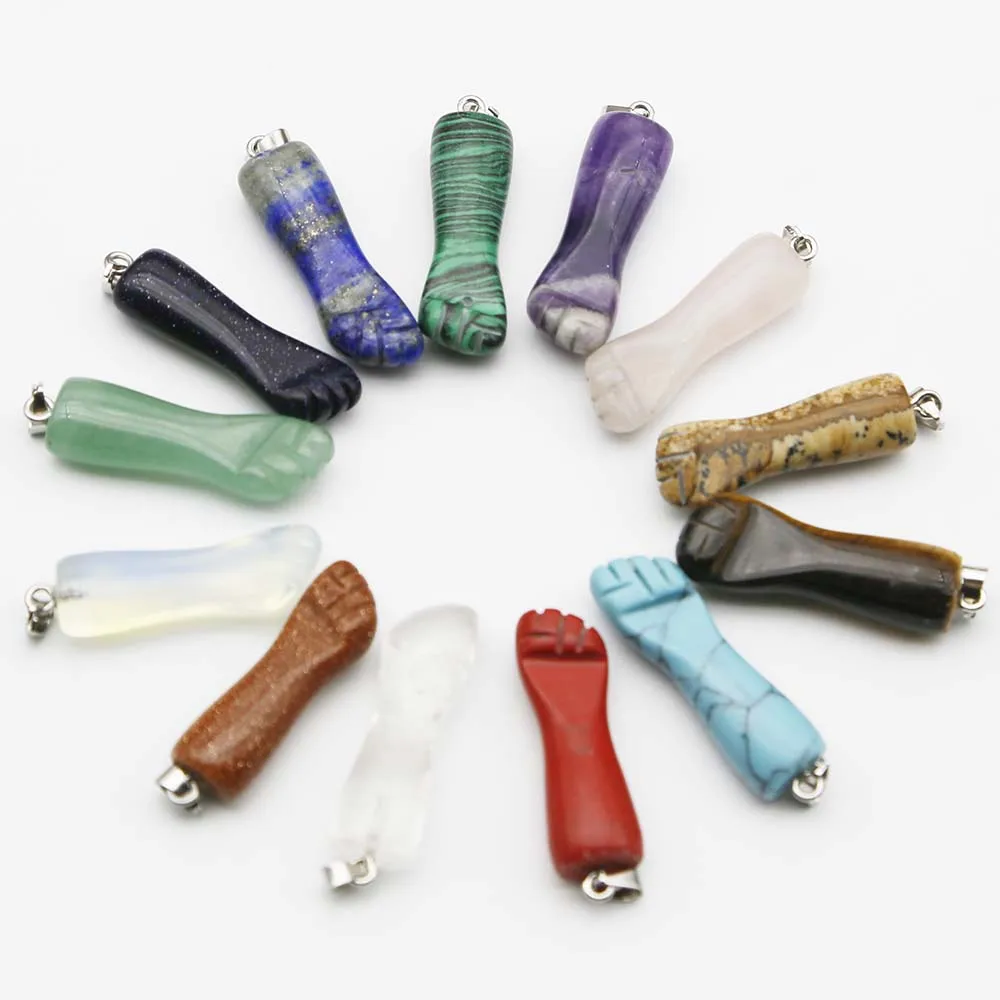 Natural Semi Precious Stone Crystal Agate Carved Fist Arm Pendant Necklace Charms Jewelry Making Gift Accessories Wholesale12Pcs