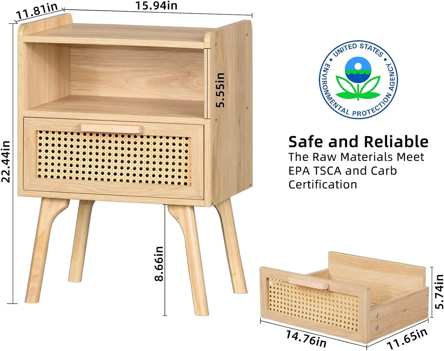 Rattan Nightstands Set of 2, Boho Side Table with Drawer Open Shelf, Cane Accent Bedside End Table with Solid Wood Legs 3