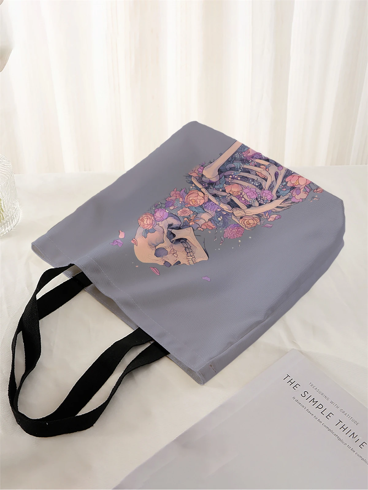 1pc,flower skull handbag, reusable fashionable handbag, multifunctional handbag, printed canvas shopping bag