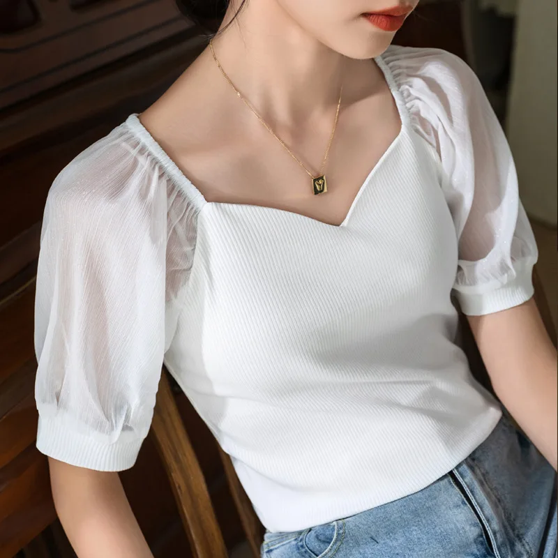 

New 2023 Modal Cotton T-Shirt for Women - French Sexy Collar Office Lady Tee with Chiffon Splicing and Locking Clavicle