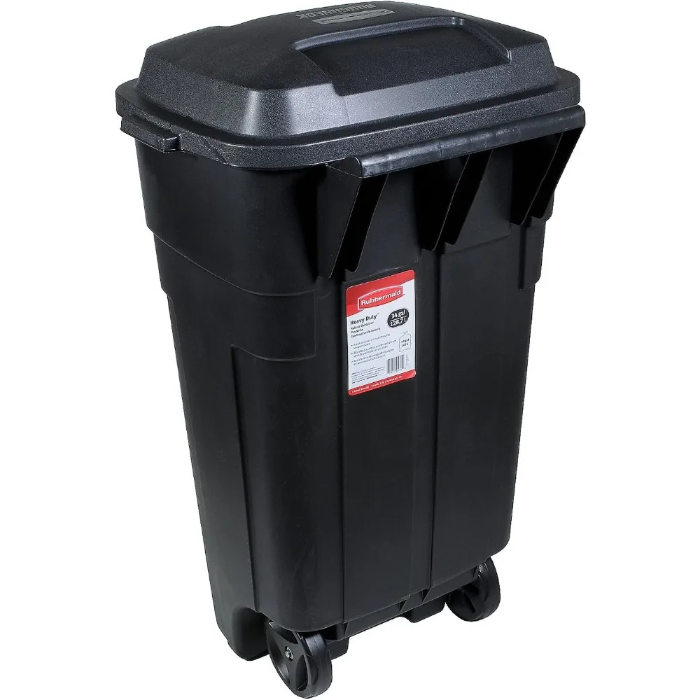 

Roughneck Heavy-Duty Wheeled Trash Can with Lid, 34-Gallon, Black, for Outdoor Use