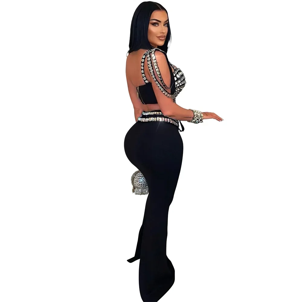 Women Set Diamonds Hot Rhinestones Strapless Top + Long Skirt Suit Dress Sets Two 2 Piece Set Party Club Night Outfits