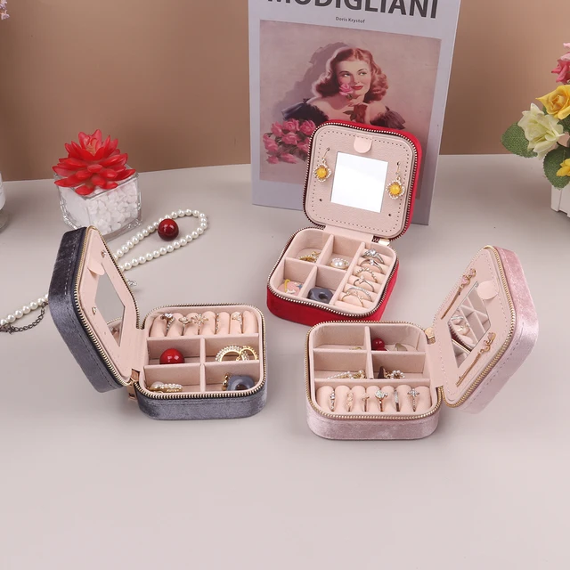 Velvet Jewelry Box For Women Geometric Sqaure Jewelry Storage Case Necklace Ring Earrings Travel Portable Zipper Boxes 3