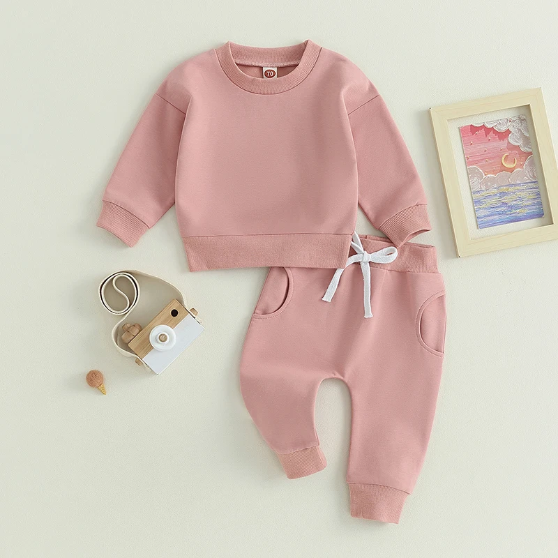 Completo da 2 pezzi per neonato, felpa a maniche lunghe tinta unita e pantaloni elastici, set per vestiti autunnali per neonati - immagine 4