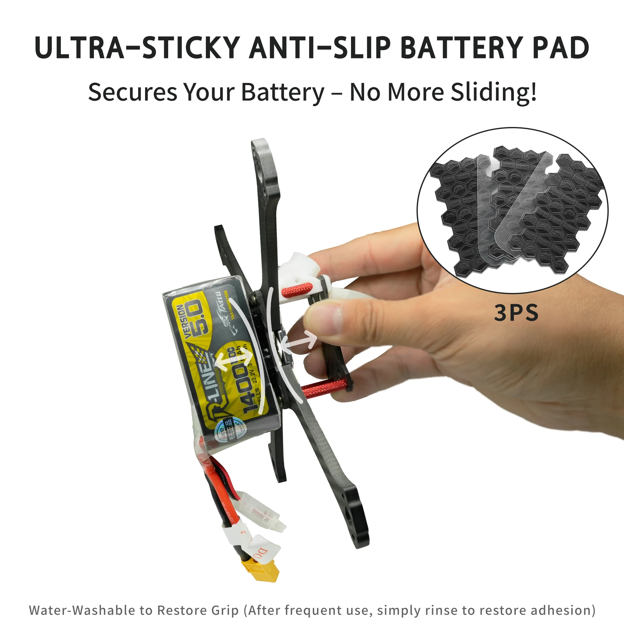 Tapis antidérapant lavable pour batterie de drone RC FPV avec support adhésif personnalisable sur fond blanc.