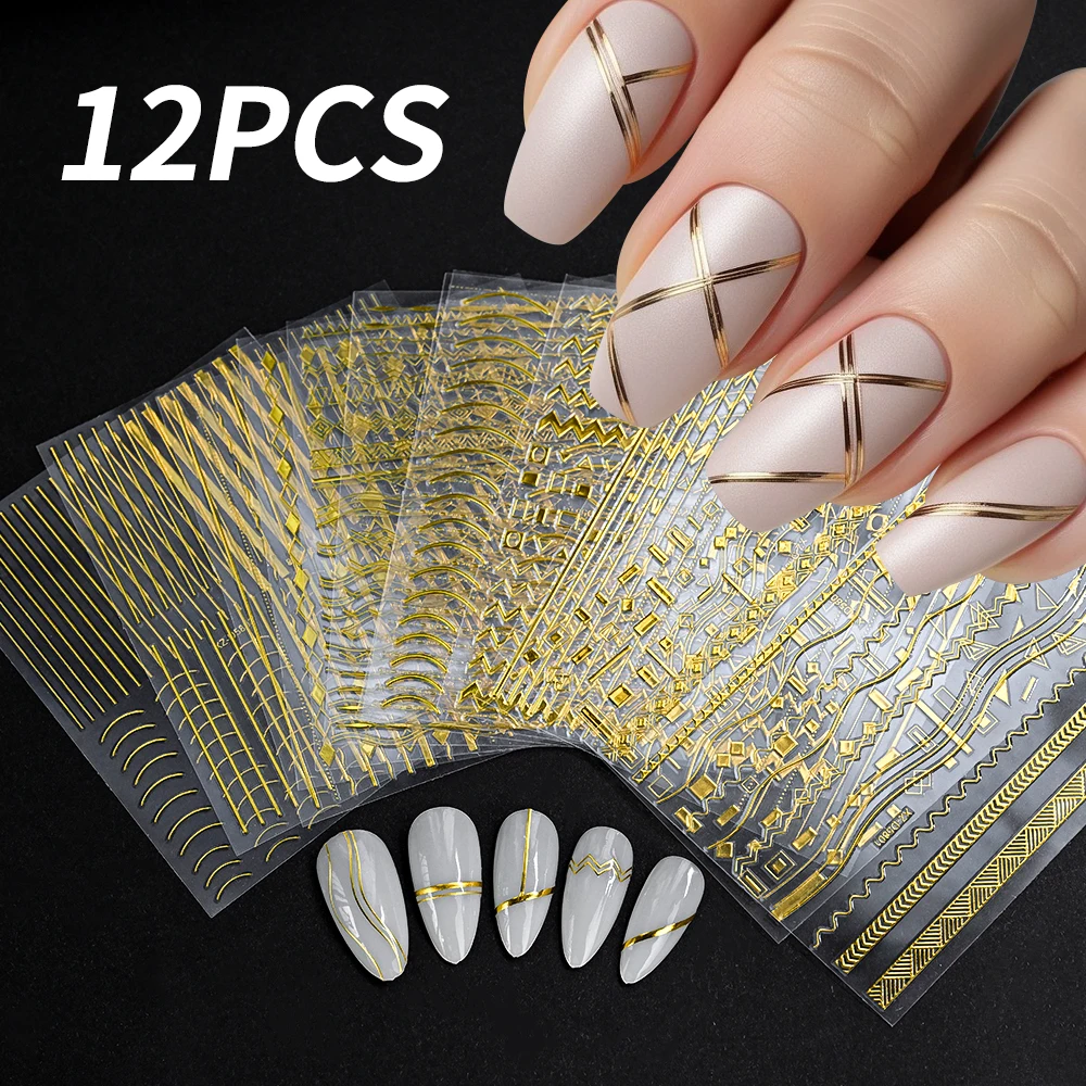 3D Gold Metallic Nail Art Stickers Irregular Stripes French Metallic Wavy Line Self-Adhesive Decals DIY Nail Supplies 12pcs nail stickers decorative stickers nail art decoration nail decals
