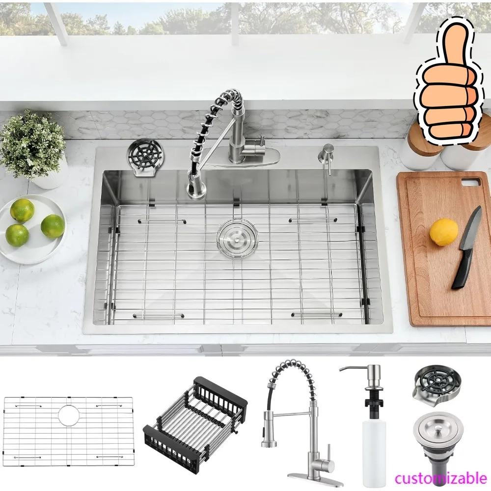 NEW-33×22 Drop In Kitchen Sink with Faucet Combo - Stainless Steel Kitchen Sink Drop In with Cup Washer, 9 Inch Deep Single Bowl