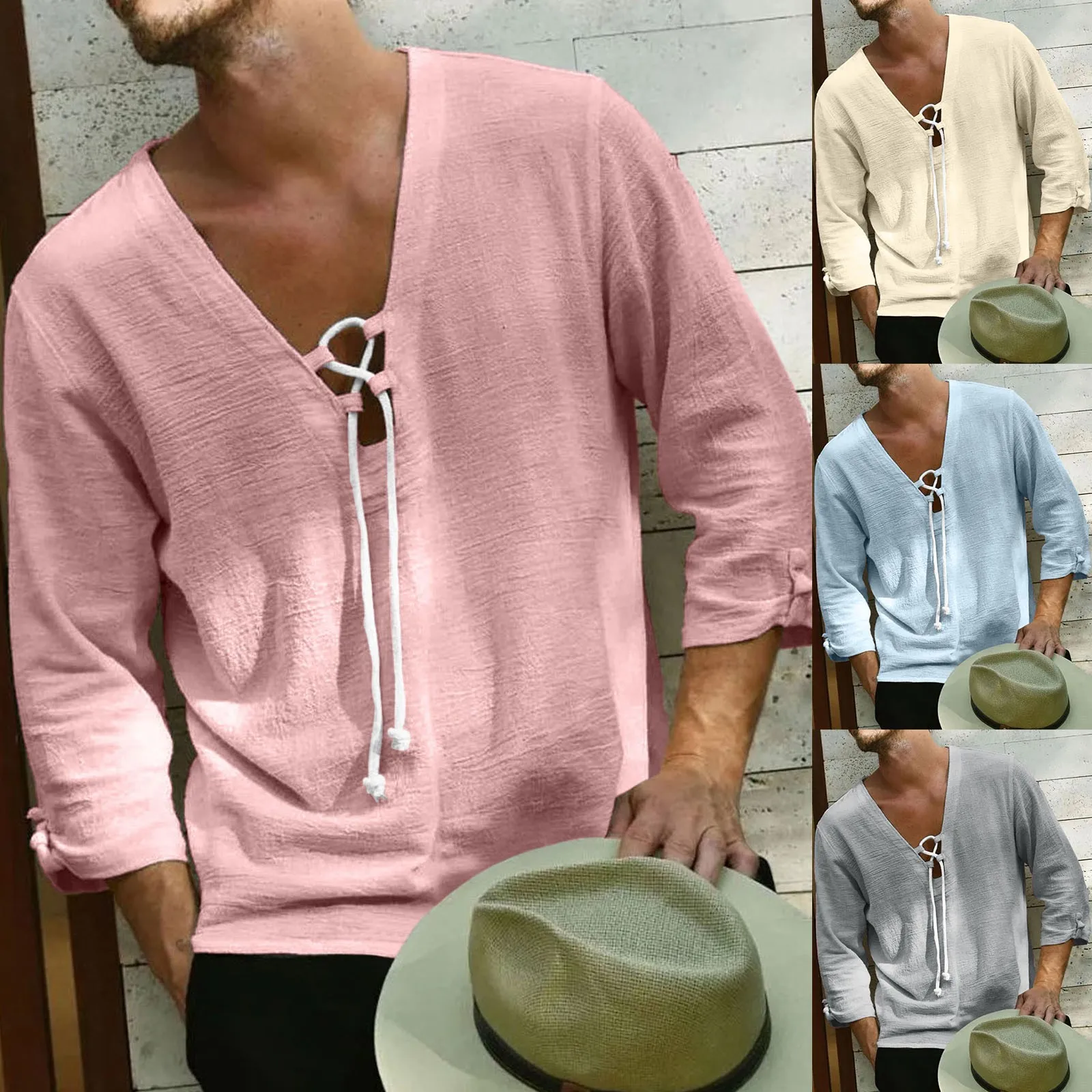 

Men Summer Casual Beach Style Loose V Neck Drawstring Three Quarter Sleeve Pullover Top 3D Printing Casual