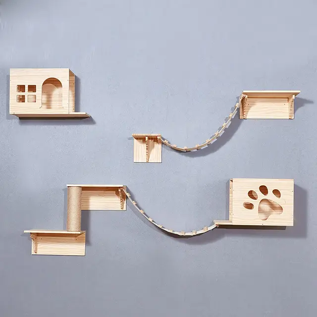 Wall Mounted Cat Tree Cat Climbing Wooden Shelves Climbing Hammock Set Scratching Post and Ladder for Cats Playing and Sleeping 2