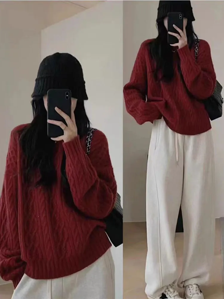 Korean Fashion O-Neck Sweater Women's 2024 Autumn/Winter New Round Neck Pullover 100% Wool Cashmere Knit Sweater Loose Warm Tops 2