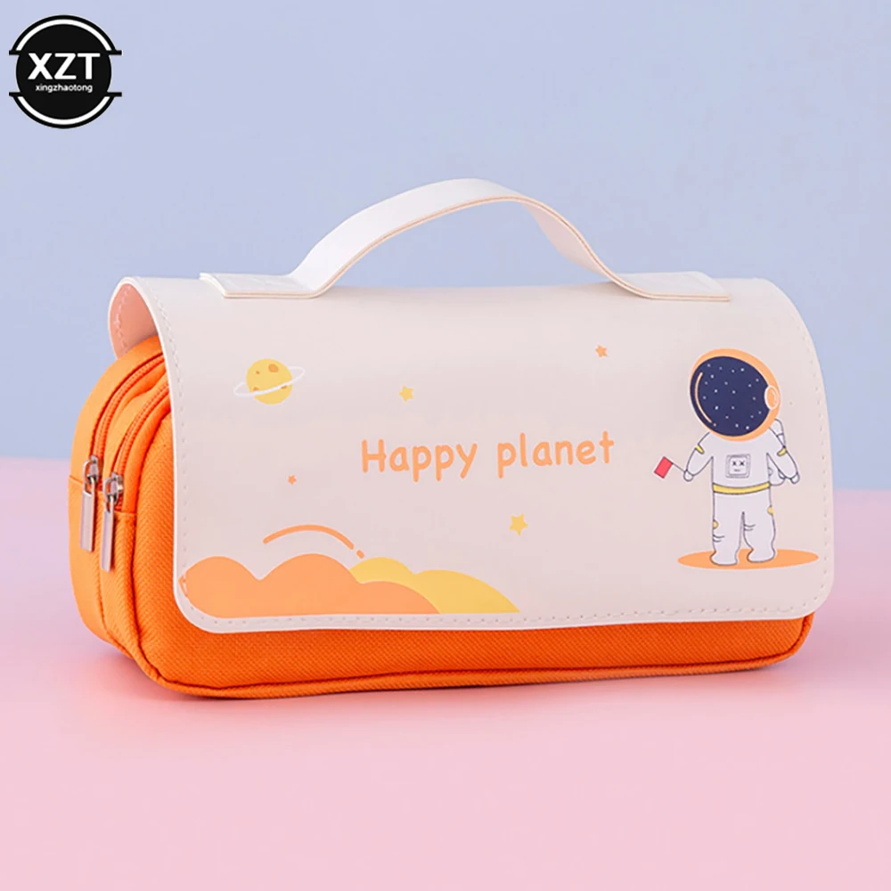 Space astronaut portable pencil case cute cartoon kids stationery bag large capacity storage bag school studen canvas pencil