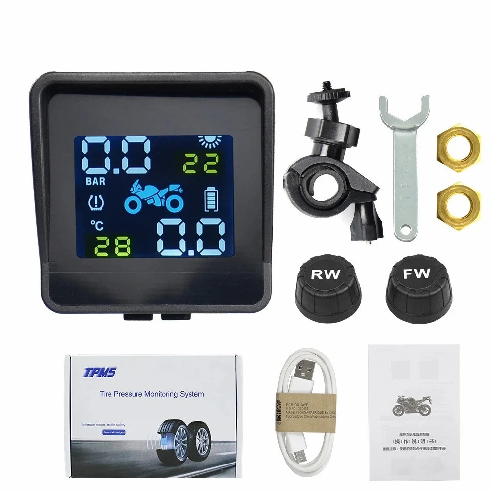 Motorcycle Tire Pressure Monitor USB Solar Charging Motorcycle TPMS Motor Tire Pressure Tyre Temperature Monitoring Alarm System 2 External