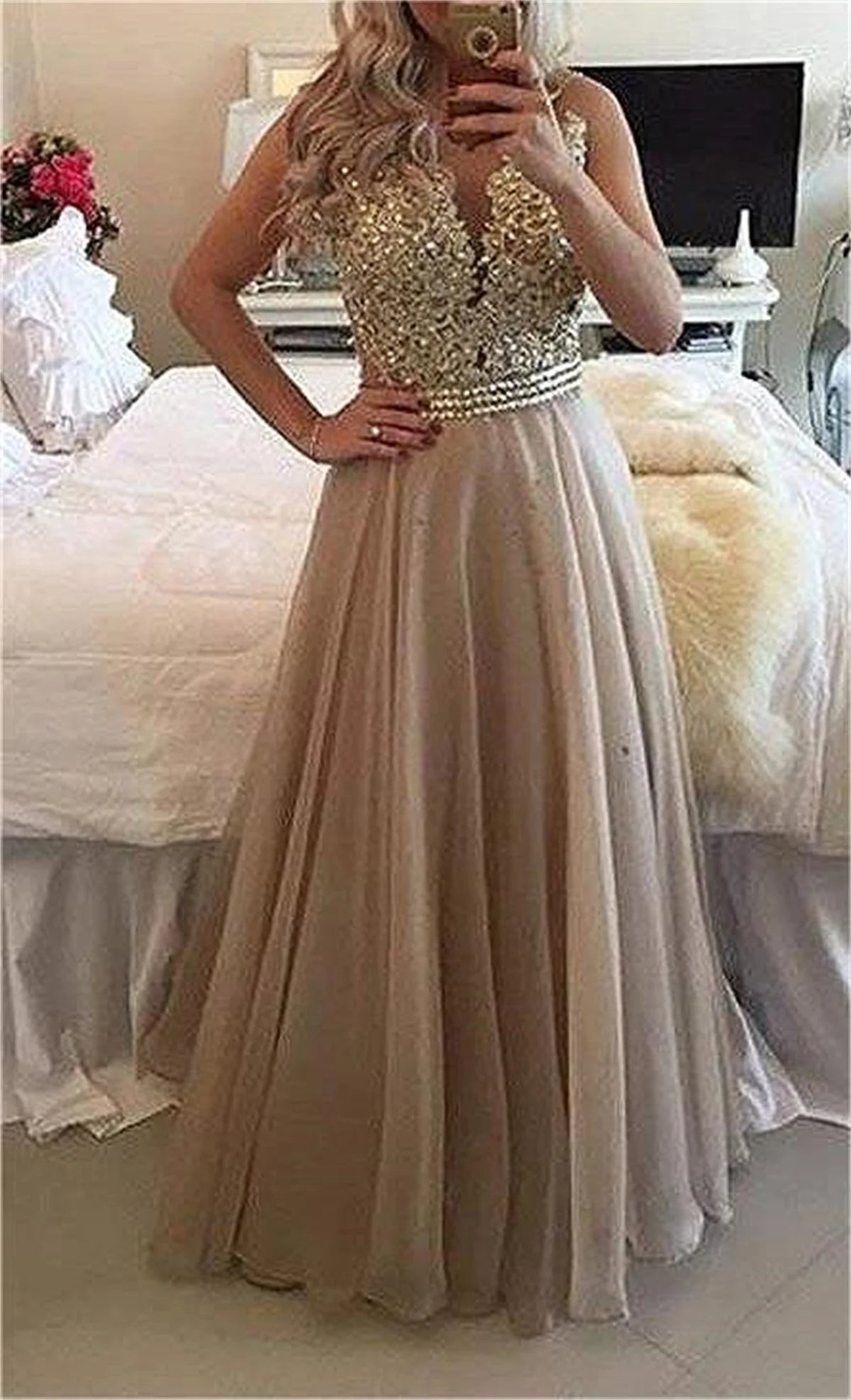 Champagne Beaded Lace Applique Prom Dress V-Neck Sexy Backless Special Occasion Gown Floor Long Summer Elegance Chiffon women party dresses