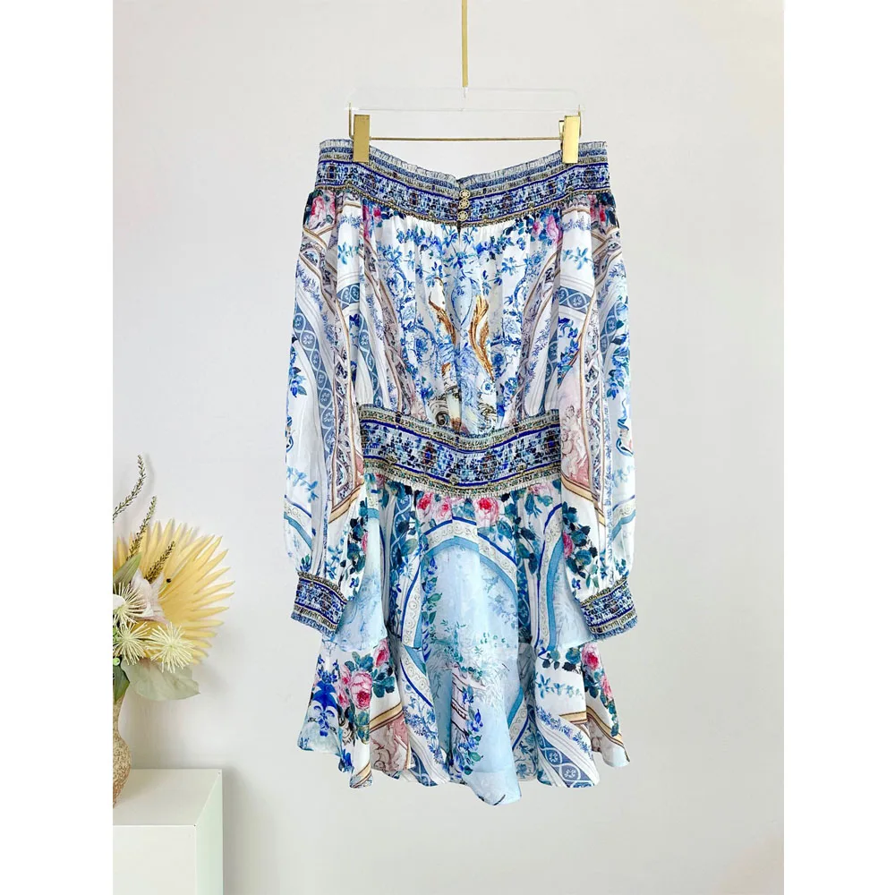 

High quality! 24 early spring new double crepe silk print hot bead one-shoulder mini dress