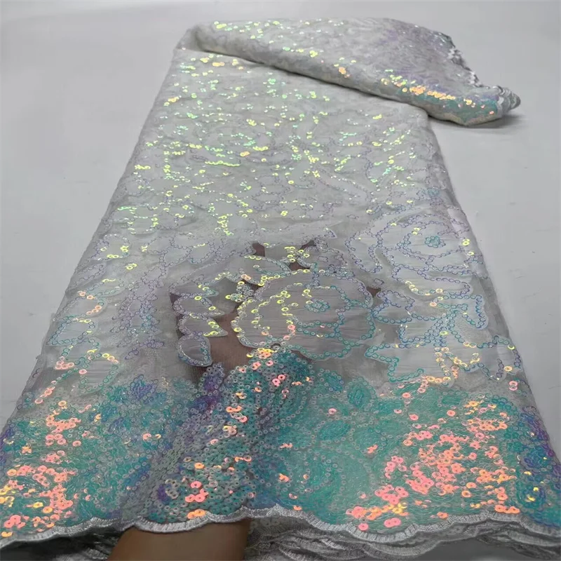 

2023 Pink High Quality African Lace Fabric White Lace Fabric with Sequins Embroidery Nigerian Tulle Mesh Lace Fabric for Sewing