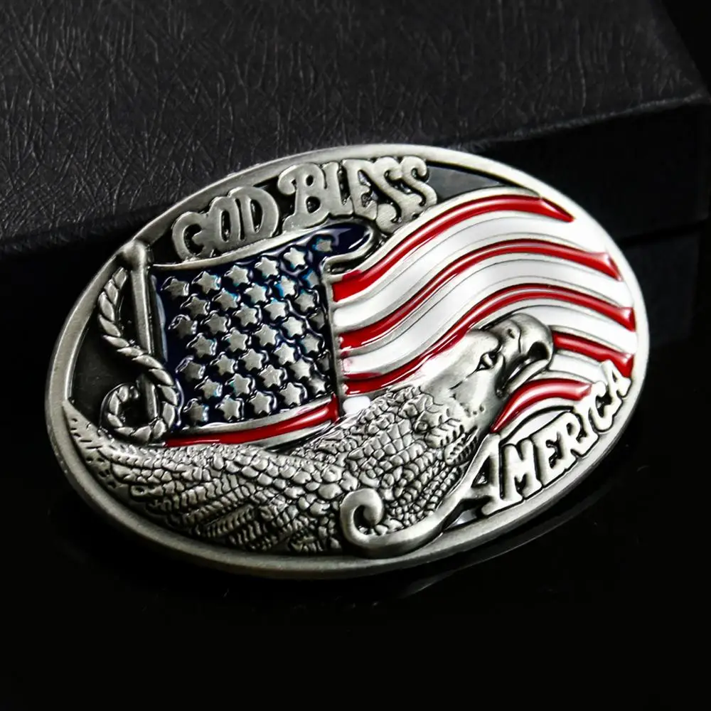 4cm National Enamel American Flag Silver Eagle Men Belt Buckle Men\'s God Bless Oval Leather Craft Male Strap Jeans Accessories