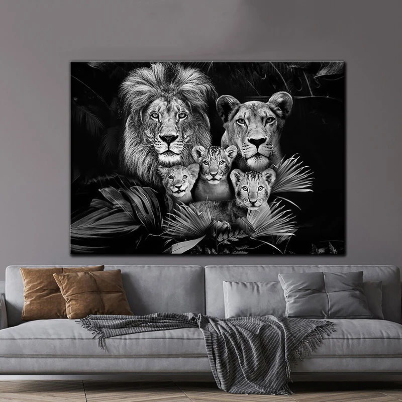 

Black&White Art Animal Family Poster Lion Family Print Canvas Wall Art Modern Painting Picture Bedroom Aesthetic Art Home Decor