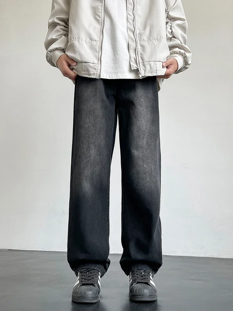 Korean Style Men&rsquo;s Casual Long Jeans Classic Straight Denim Wide-Leg Pants Solid Colors Light Blue Grey Black