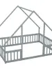 Twin Wood House-Shaped Floor Bed with Fence, Guardrails 1