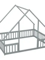 Twin Wood House-Shaped Floor Bed with Fence, Guardrails 1