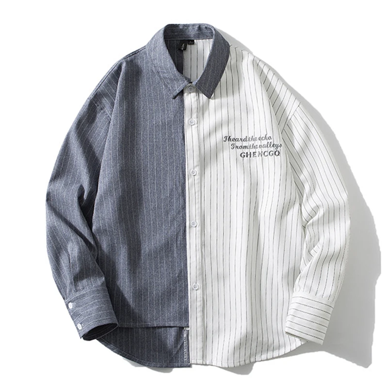 

HOUZHOU Striped Patchwork Shirt Men Men's Long Sleeve Shirts Embroidery Vintage Cardigan Button Up Tops Streetwear Hip Hop