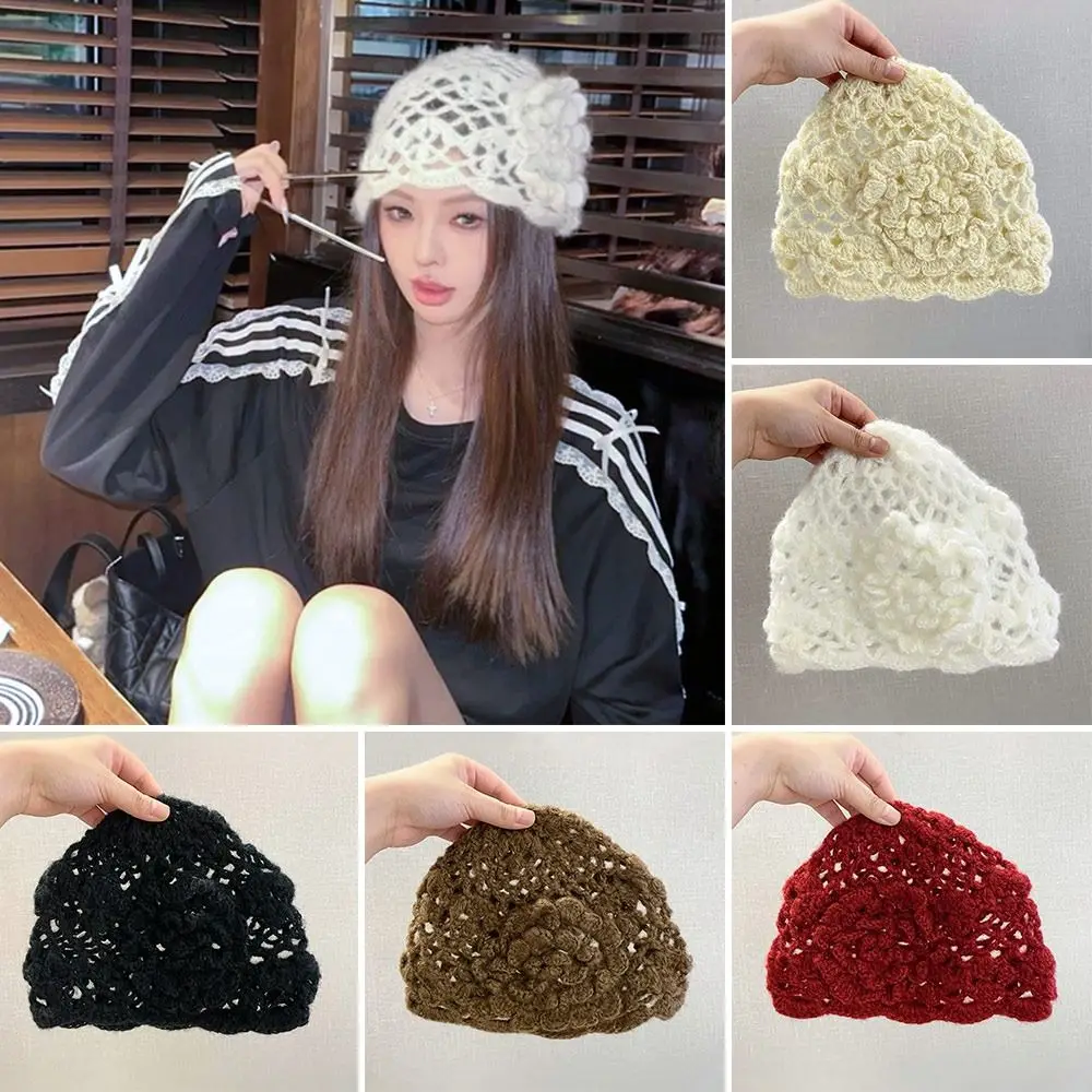 1 Pcs Spring Summer Acrylic Fiber Hand-woven Thread Knitting Thin Hollowed Out Breathable Tide Woolen Melon Leather Baotou Hat 5