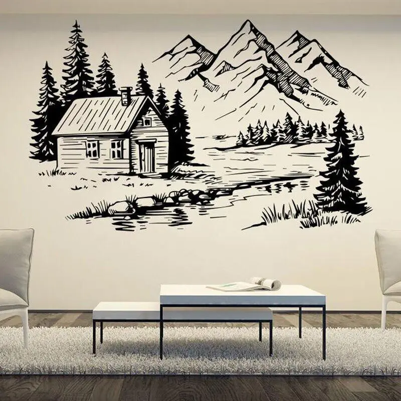 Mountains House Near The Lake Nature Vinyl Home Decor Soggiorno Wall Sticker Decorazione Della Casa Interna Decalcomanie Paesaggistiche 3 C13