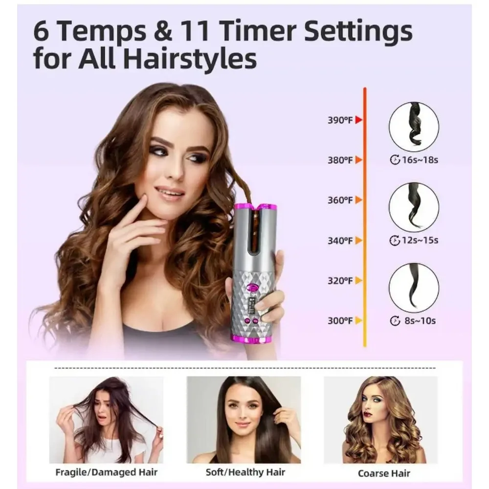 USB Rechargeable Cordless Hair Curler Auto Rotating Temp Time Adjustable Wireless Curling Iron Fast Heat Effortless Styling Hair