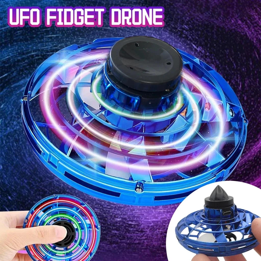 Gros plan sur le Mini Drone Hélicoptère LED Gyroscopique avec Vol Stationnaire, hélices en mouvement et LEDs colorées.