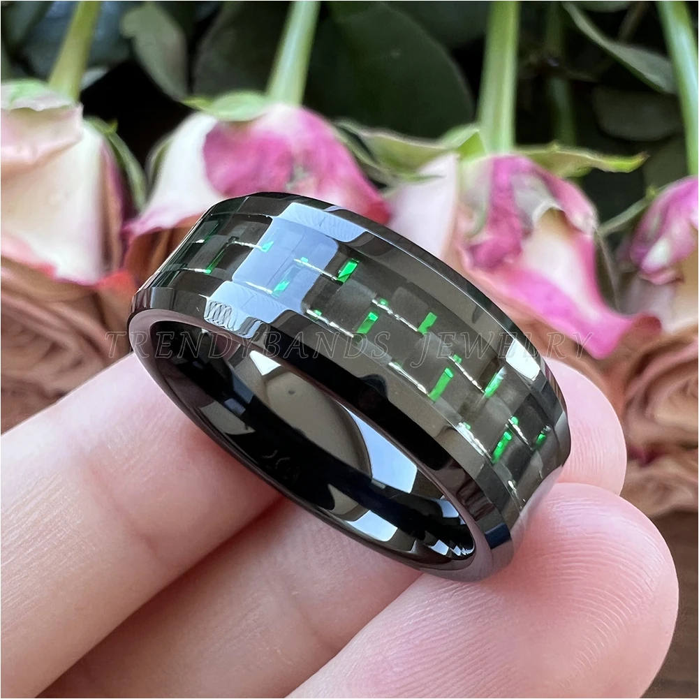 8mm Black Tungsten Ring for Men Women Beveled Edges Blue Carbon Fiber Inlay Polished Finish Comfort Fit