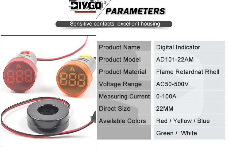 Description Picture 3 of item22mm Frosted Round Panel Digital Ammeter Amp Tester Meters LED Indicator Pilot Lamp Light Current Meter 0-100A AC 50-500V