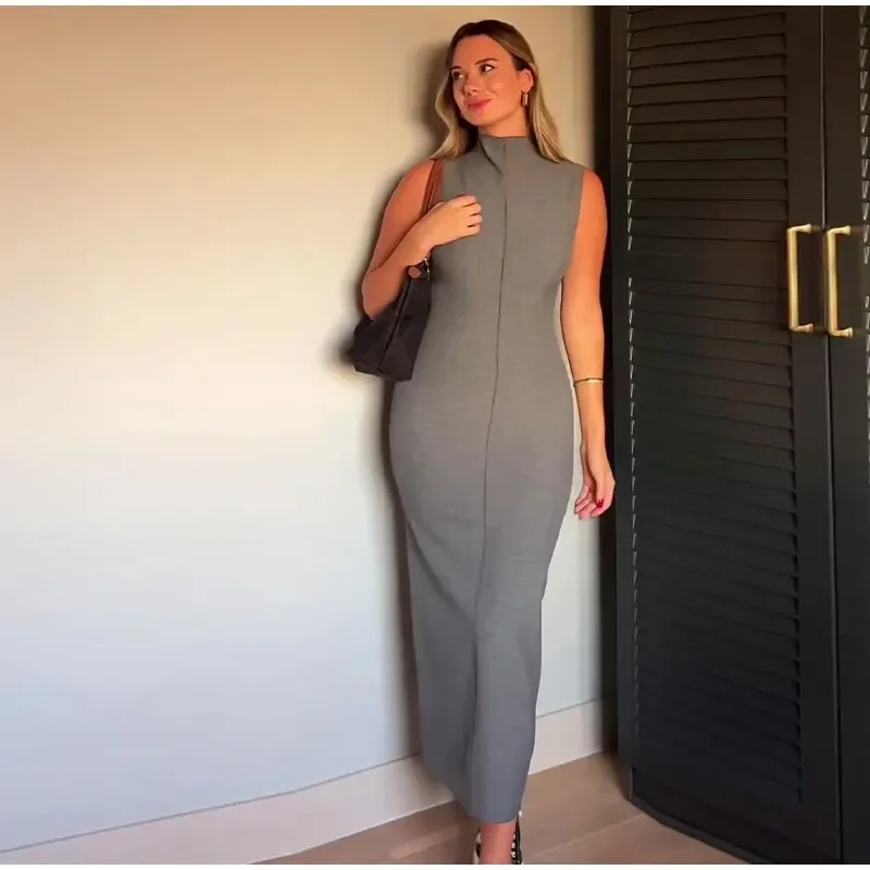 Vestido largo sin mangas con cuello alto y abertura en la espalda para mujer, recto, liso, ajustado, de cintura alta, con cremallera, otoño 2025