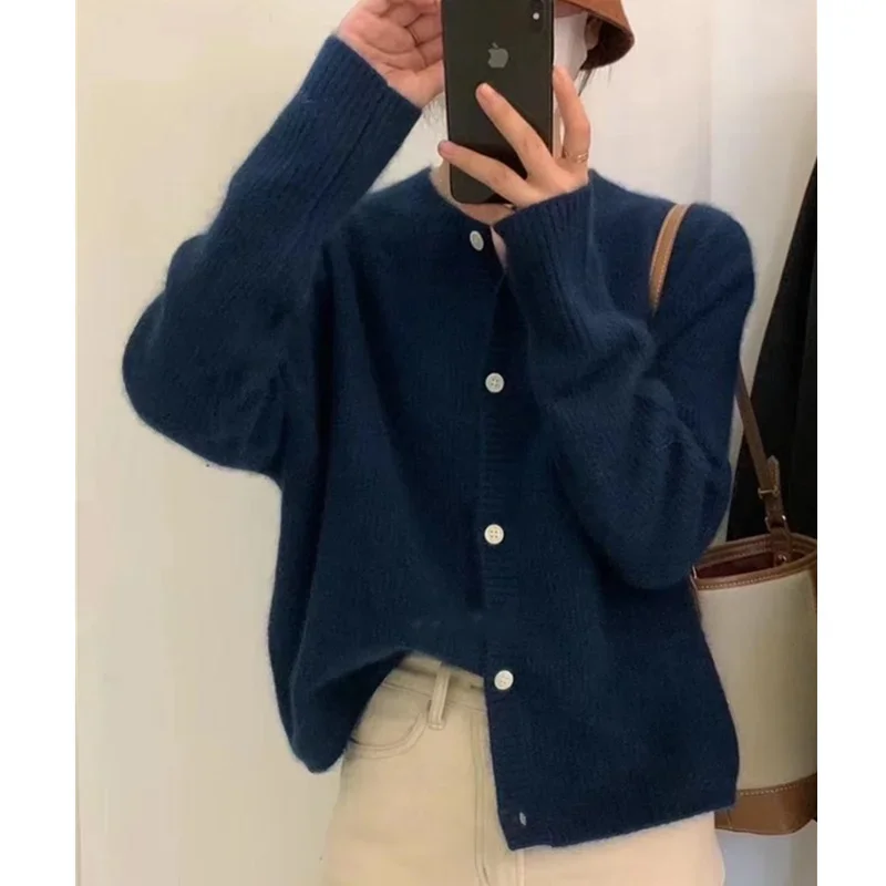 

Fashionable and Versatile Round Neck Knitted Cashmere Cardigan Women Autumn Winter Thick Lazy Base Sweater Coat Loose Sweater
