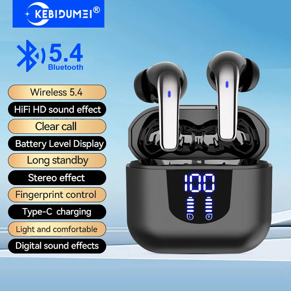 KEBIDUMEI 블루투스 5.4 이어폰 무선 헤드폰 HiFi 스테레오 소음 감소 인이어 이어버드 디지털 디스플레이 게임용 헤드셋 Bluetooth 5.4 Earphones Wireless Headphones HiFi Stereo Noise Reduction in-ear Earbuds Digital Display Gaming Headsets