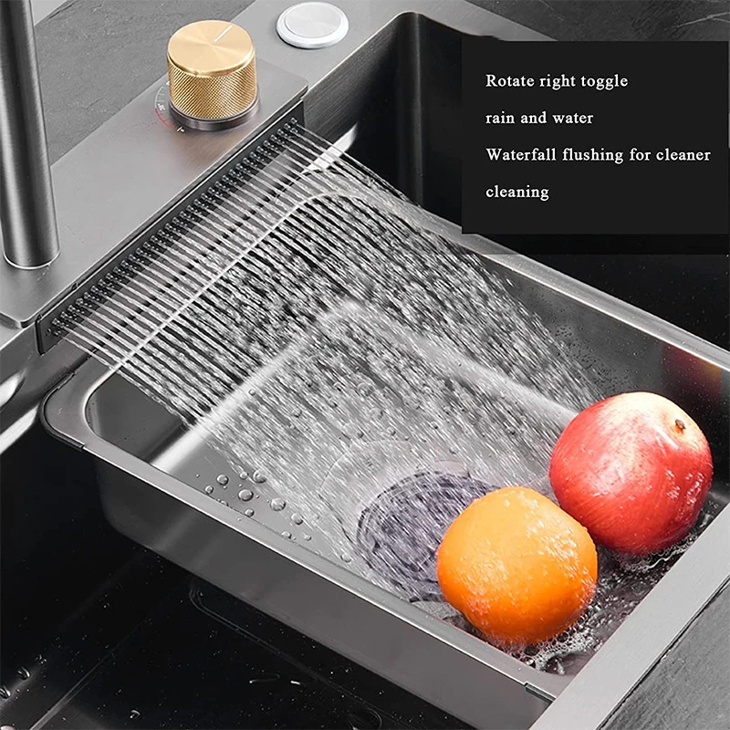 YCRAYS Nano Kitchen Sink With Knife Holder Black Waterfall Faucet Large Single Bowl Accessories Pure Tap Cup Wash Soap Dispenser 5
