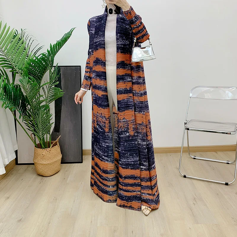 Miyake Pleated Original Designer Printed Long Sleeve Coat Women 2024 New Autumn Winter Abaya Style Cardigan Plus Size Dresses