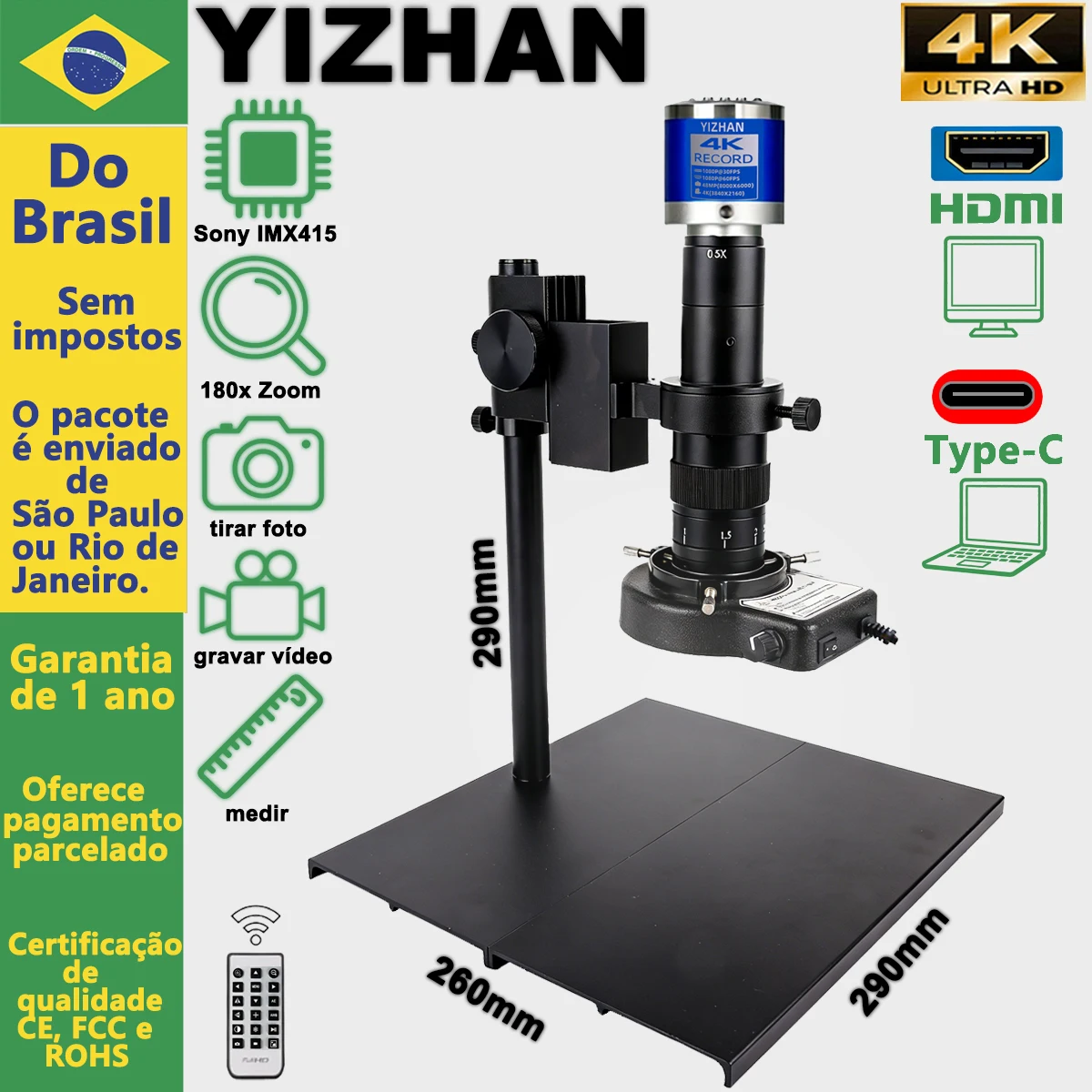 Do Brasil, microscópio digital YIZHAN 4K, microscópio digital eletrônica de 48MP com Lente de Zoom de 180X, lente d’ingrandimento professionale digitale HDMI USB, Software gratuito e guia de utilização
