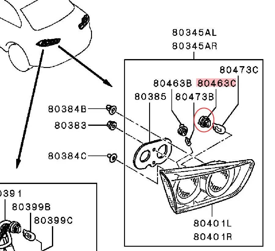 Lancer CY0A EVOX CZ4A fog lamps/back-up lamp socket outlet SOCKET,REAR LAMP 8395A033