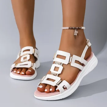 Summer New Round Headed Leather Ladies' Sandals Wedge Casual Beach Shoes Comfortable Footwear with Metal Decoration for Women 1