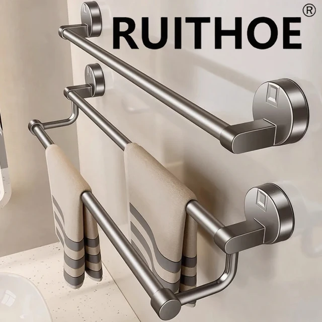 ที่แขวนผ้าเช็ดมือแบบติดผนังในห้องน้ำ ใช้ถ้วยดูดสุญญากาศ ไม่ต้องเจาะ ขนาด 30/40/50 ซม. ราวแขวนผ้าเช็ดตัวแบบสองชั้น ประหยัดพื้นที่ในอพาร์ตเมนต์ 1