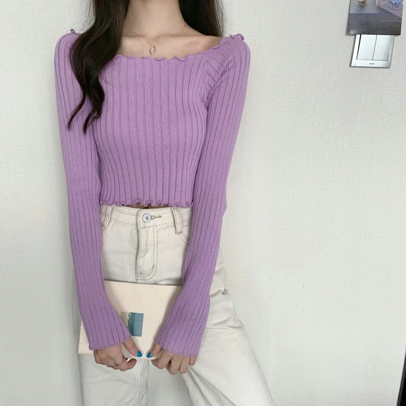 spring Autumn crop top Long Sleeve Sweater Women Pullovers Solid Knitted Sweater fashion sexy slim Wave Cut Basic Bottoming Tops brown cardigan