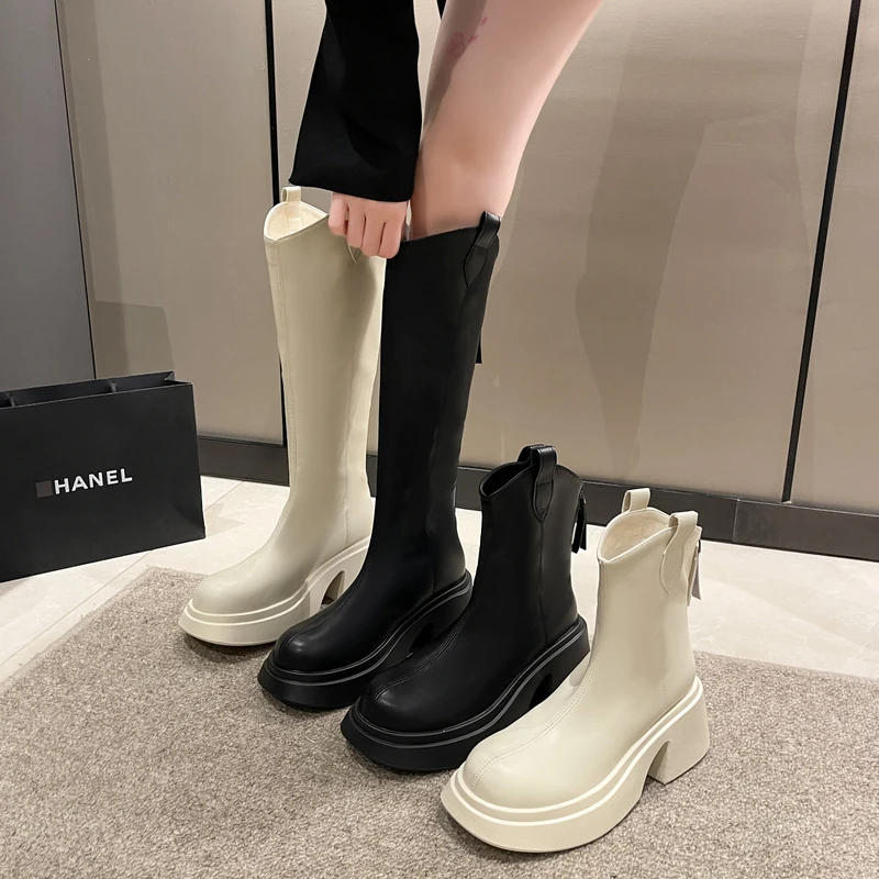 

Women Boots Over Knee Female Shoes Flat Heel Round Toe Over-the-Knee Rubber Ladies Rock Ankle High Heel Lolita Rome Slip-On PU