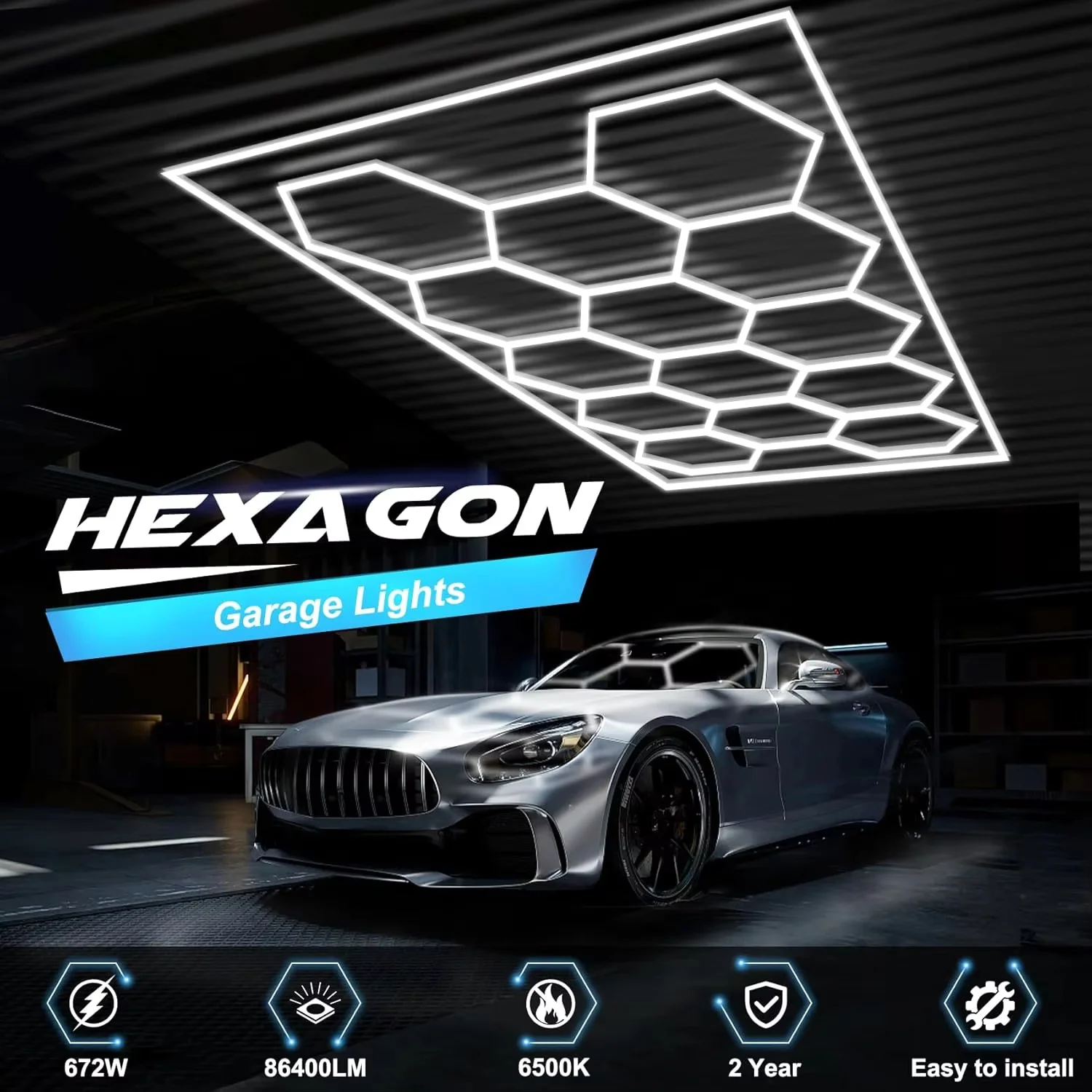 Hexagon LED Garage Light,14 Pack Honeycomb Lights with Rectangle Frame 6500K for Garage, Basement, Warehouse