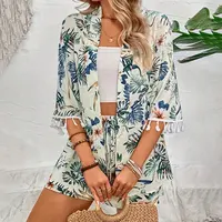 Two Piece Set For Women Outfits Open-front Cardigan Smock Flower Printed Beach Shorts Summer Suits Female Clothing Beachwear - Image 6