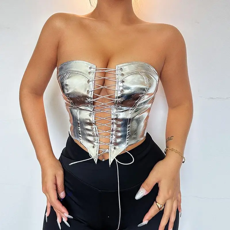 

Metallic Bandage Women Wrapped Chest Crop Tops Summer Sexy All-match Sleeveless Tanks Corset Girls Party Club Vest Streetwear