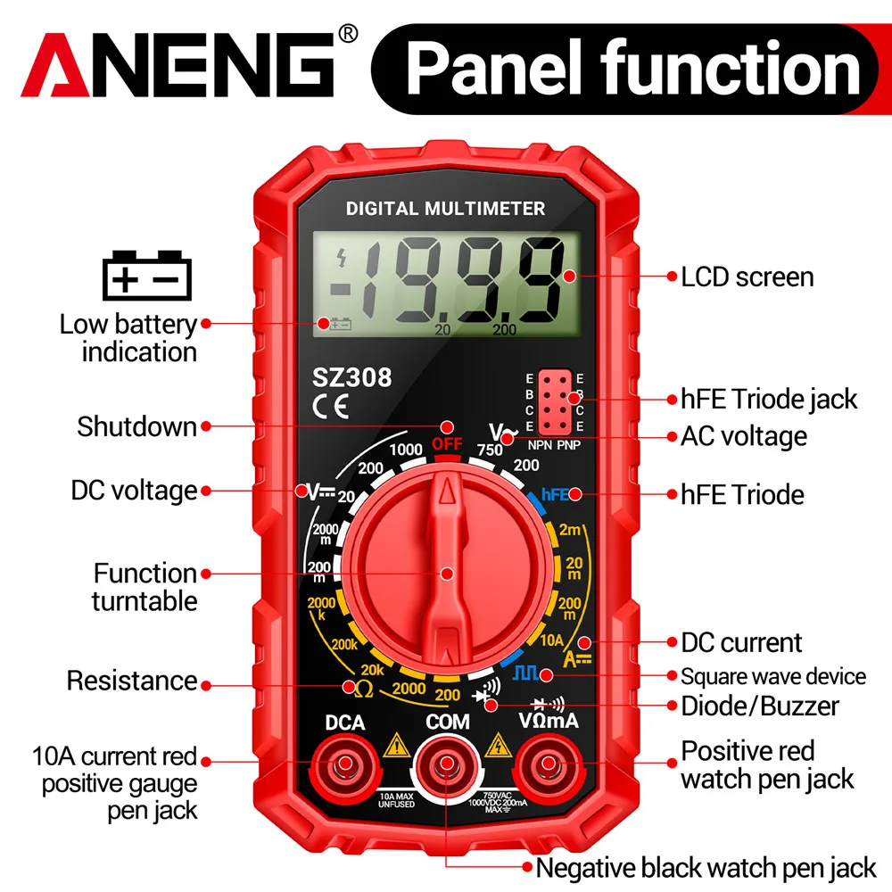 ANENG SZ308 디지털 멀티미터 사각파 테스트 전압 저항계 AC/DC 전류계 전기공 LCD 백라이트 옴 측정기